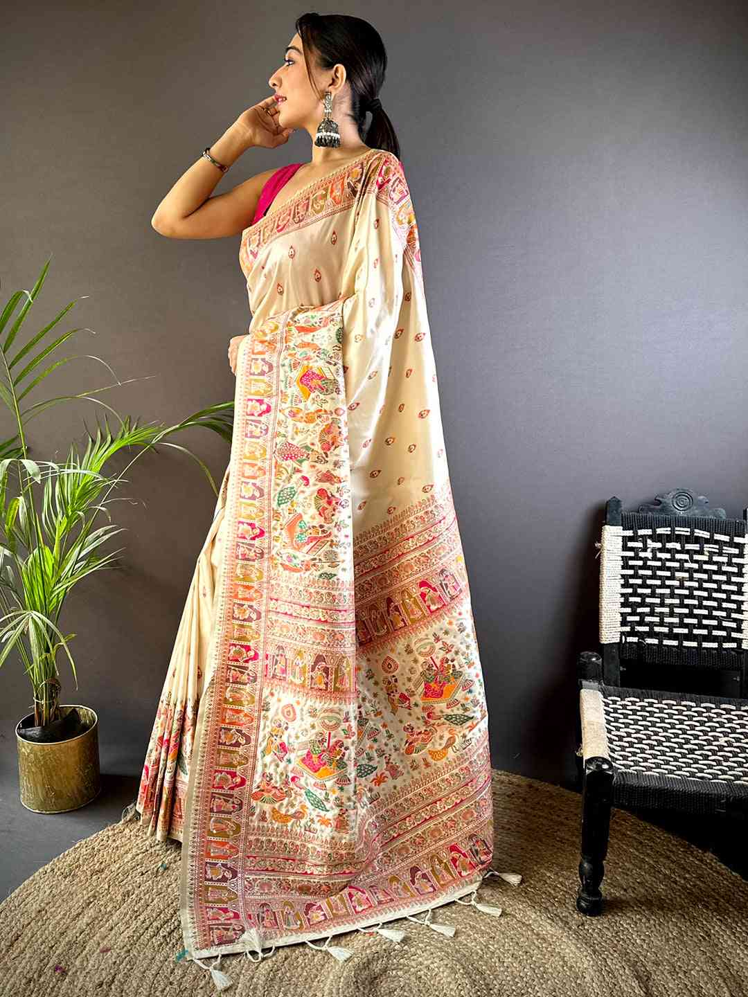 Pautri Cream Silk Saree with Multicolor Traditional Print | Elegant Festive & Ethnic Wear Saree for Women