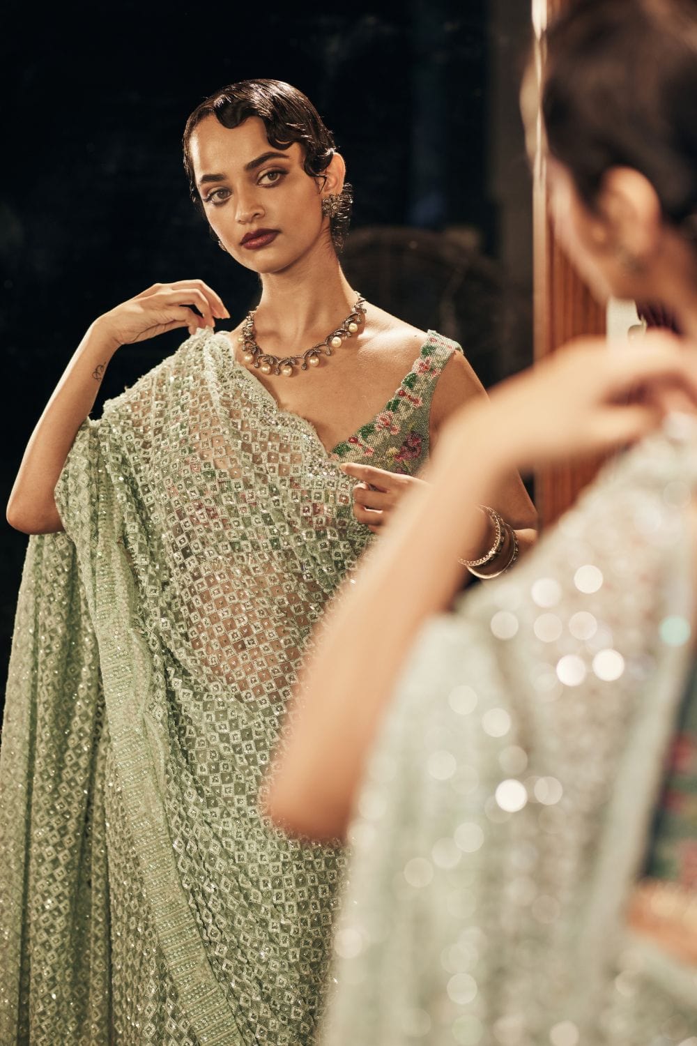 Luxury Sage Green Sequin Saree | Pautri Designer Collection