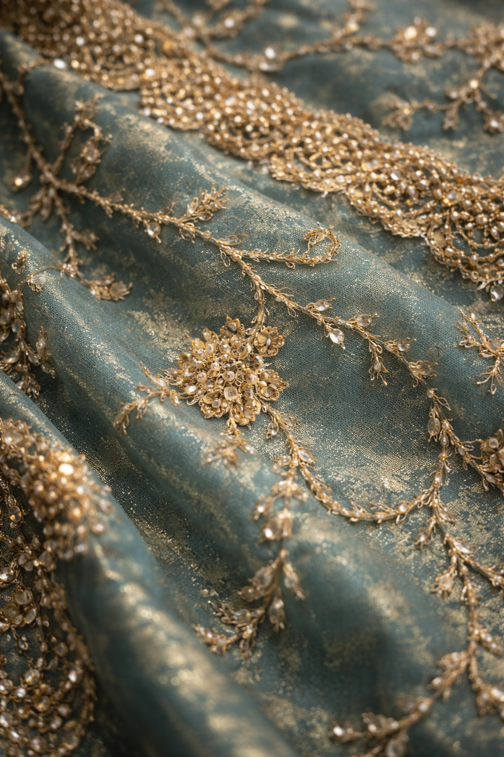 Pautri Celeste Teal Embroidered Saree with Gold Zari & Crystal Detailing – Luxury Designer Saree