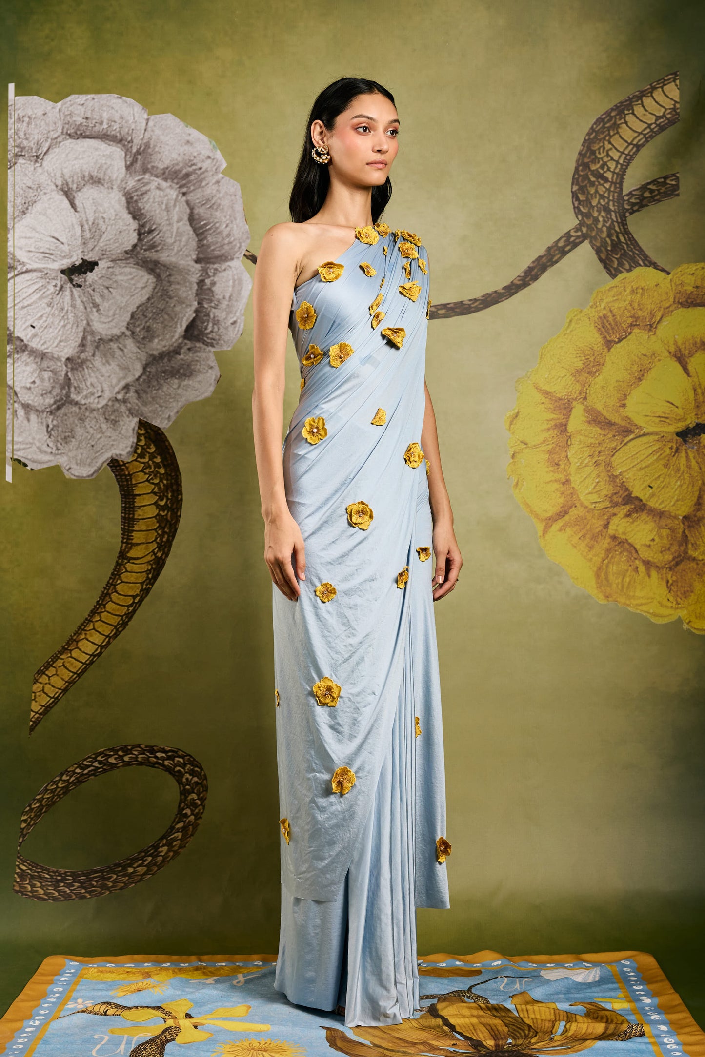 Powder Blue Draped Saree with Handcrafted Floral Embellishments – Elegant Designer Saree by PAUTRI