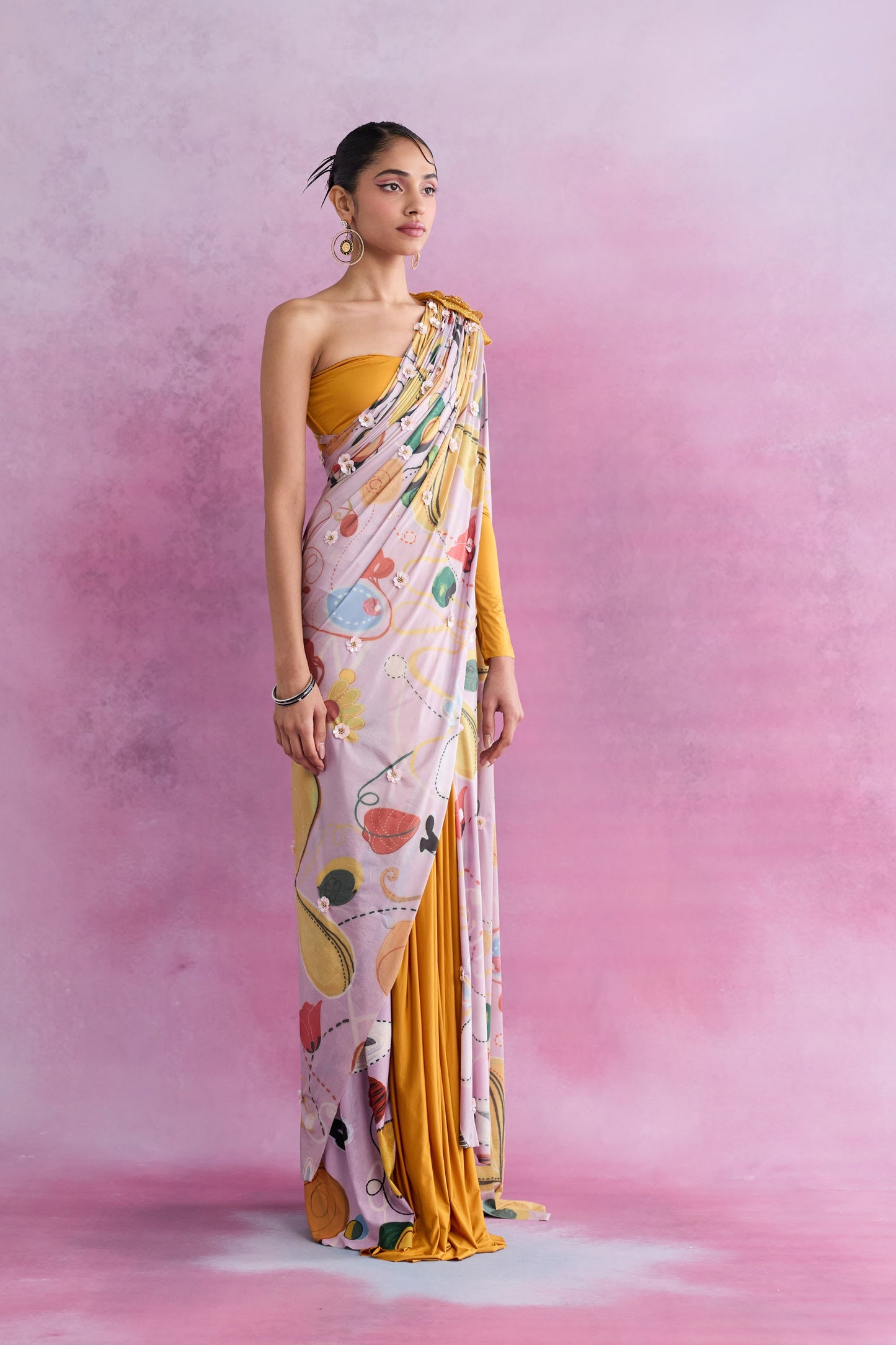 Pautri Pastel Printed Saree with Mustard Drape & One-Shoulder Blouse | Designer Contemporary Saree