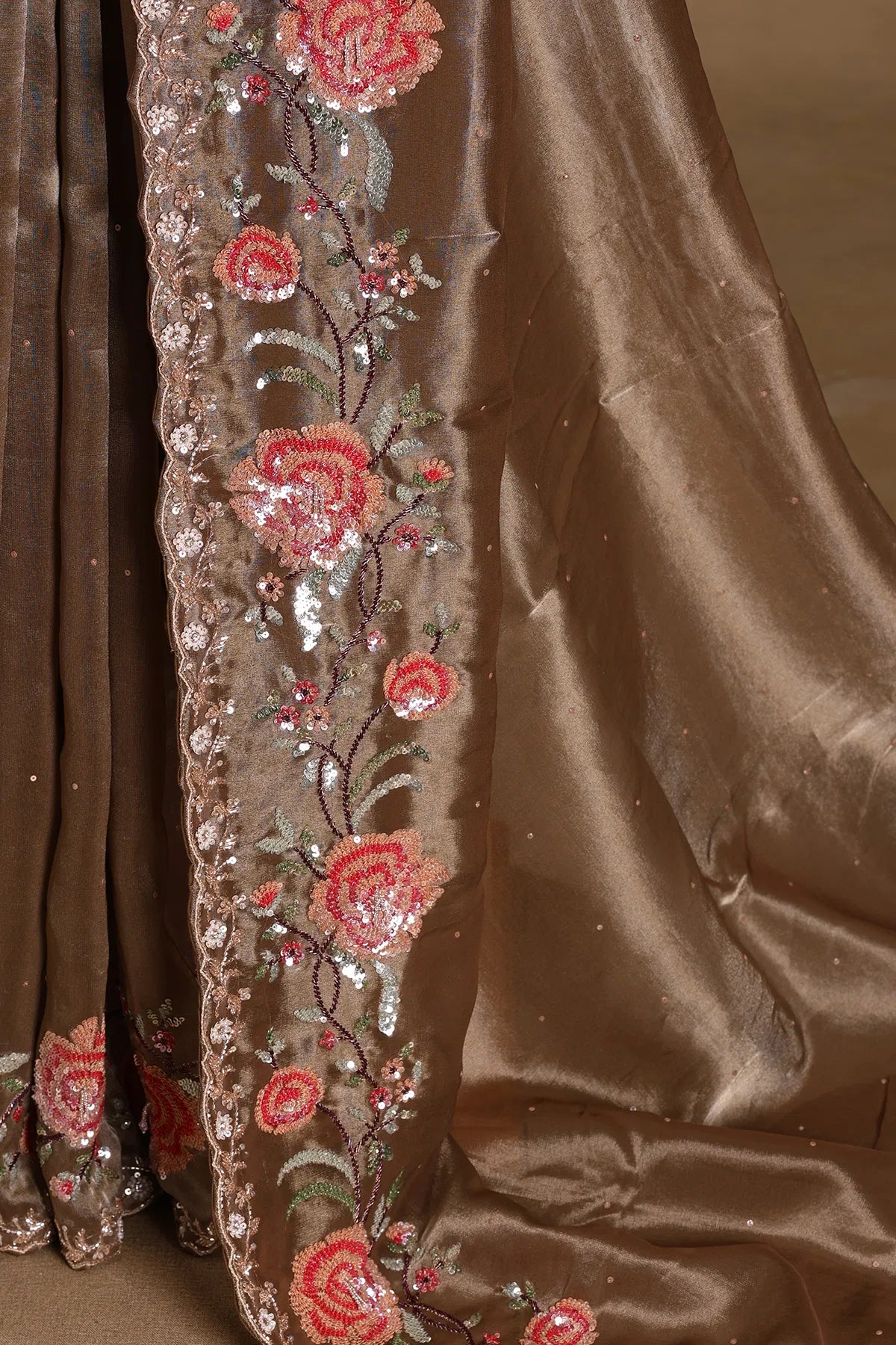 Brown Sequins Embroidered Tissue Saree – Elegant Floral Designer Saree for Party & Wedding Wear