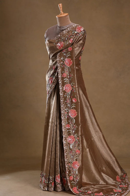 Brown Sequins Embroidered Tissue Saree – Elegant Floral Designer Saree for Party & Wedding Wear