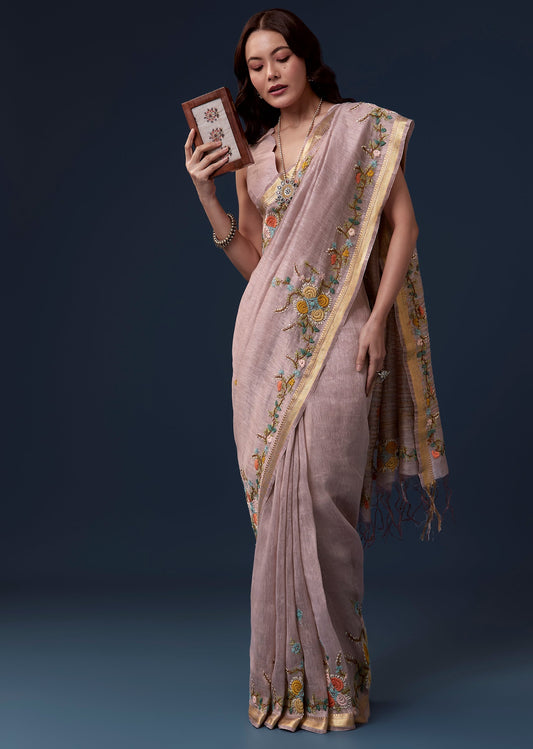 Lavender Linen Saree with Resham Floral Embroidery & Gold Border – Elegant Handcrafted Saree by PAUTRI