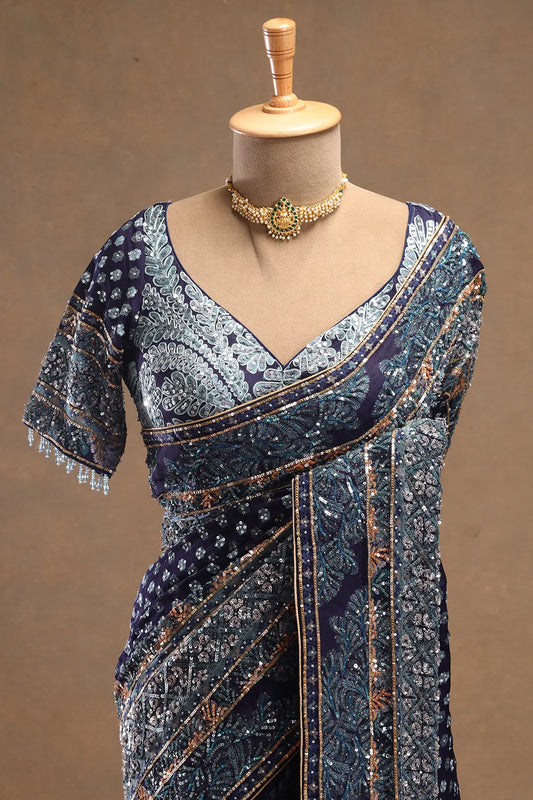 Navy Blue Sequins Embroidered Crepe Designer Saree with Stitched Blouse