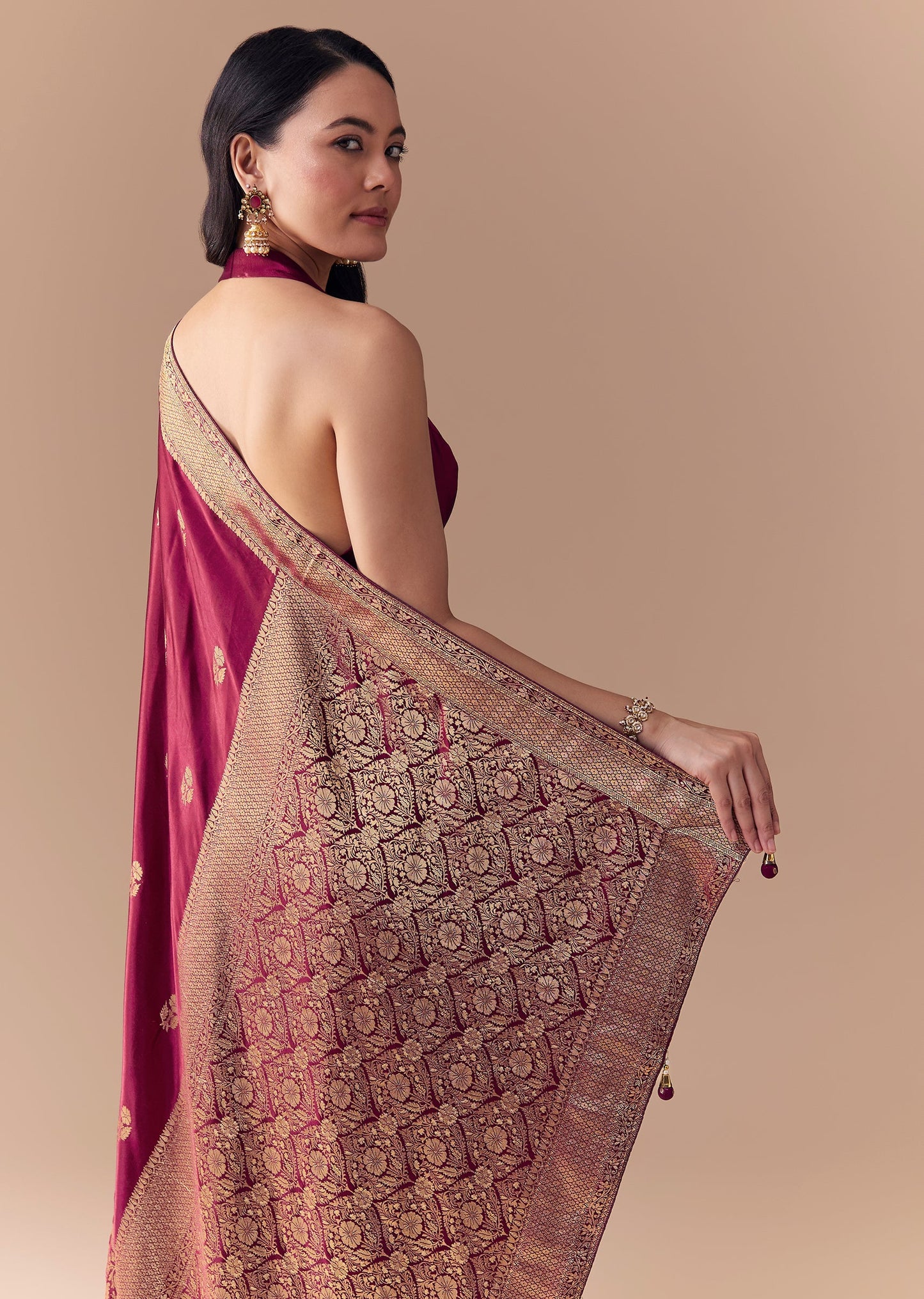 Pautri Maroon Silk Saree with Rich Gold Zari Weaving | Elegant Banarasi Style Saree for Weddings & Festive Wear