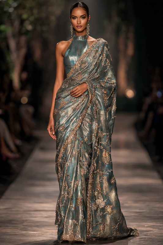 Pautri Celeste Teal Embroidered Saree with Gold Zari & Crystal Detailing – Luxury Designer Saree