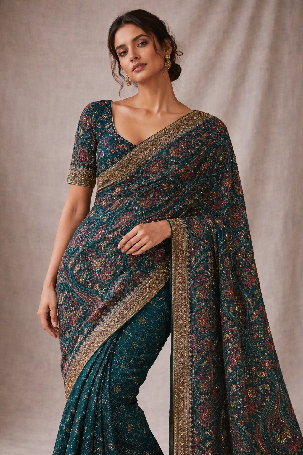 Pautri Teal Floral Embroidered Saree with Zari Border – Elegant Designer Silk Saree for Weddings & Festive Wear