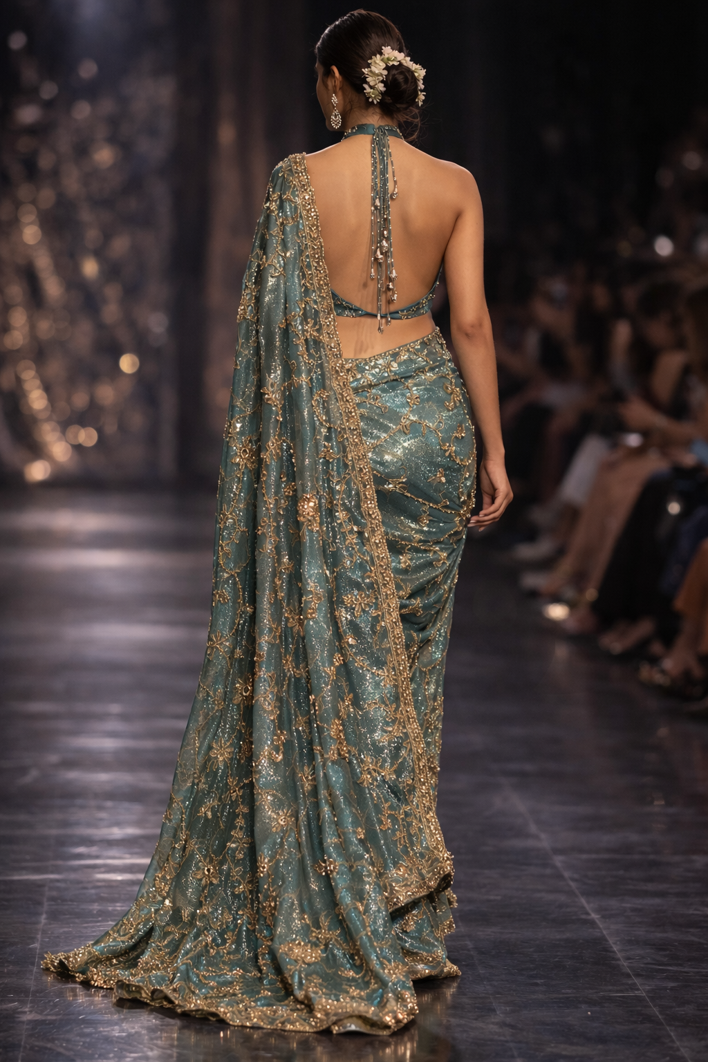 Pautri Celeste Teal Embroidered Saree with Gold Zari & Crystal Detailing – Luxury Designer Saree