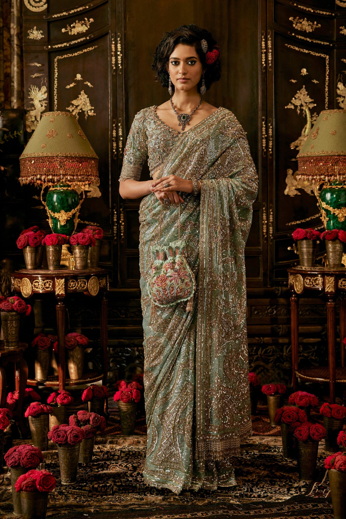Pautri Hand Embroidered Saree – Sage Green Wedding & Festive Wear for Women