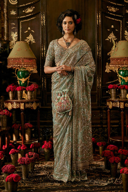 Pautri Hand Embroidered Saree – Sage Green Wedding & Festive Wear for Women