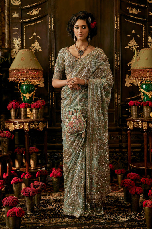 Pautri Hand Embroidered Saree – Sage Green Wedding & Festive Wear for Women