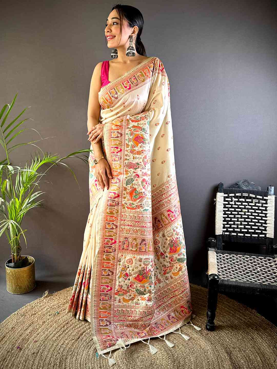 Pautri Cream Silk Saree with Multicolor Traditional Print | Elegant Festive & Ethnic Wear Saree for Women