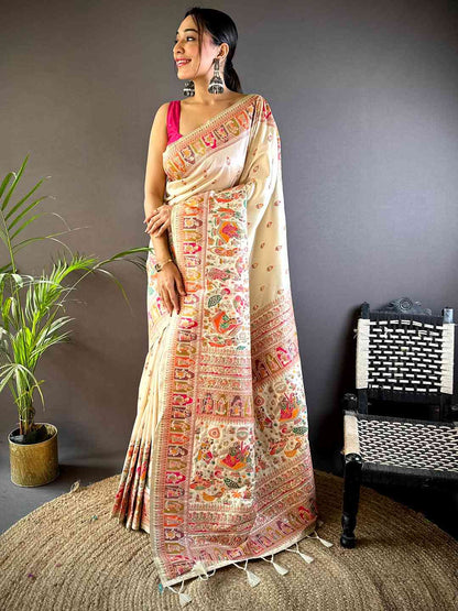 Pautri Cream Silk Saree with Multicolor Traditional Print | Elegant Festive & Ethnic Wear Saree for Women
