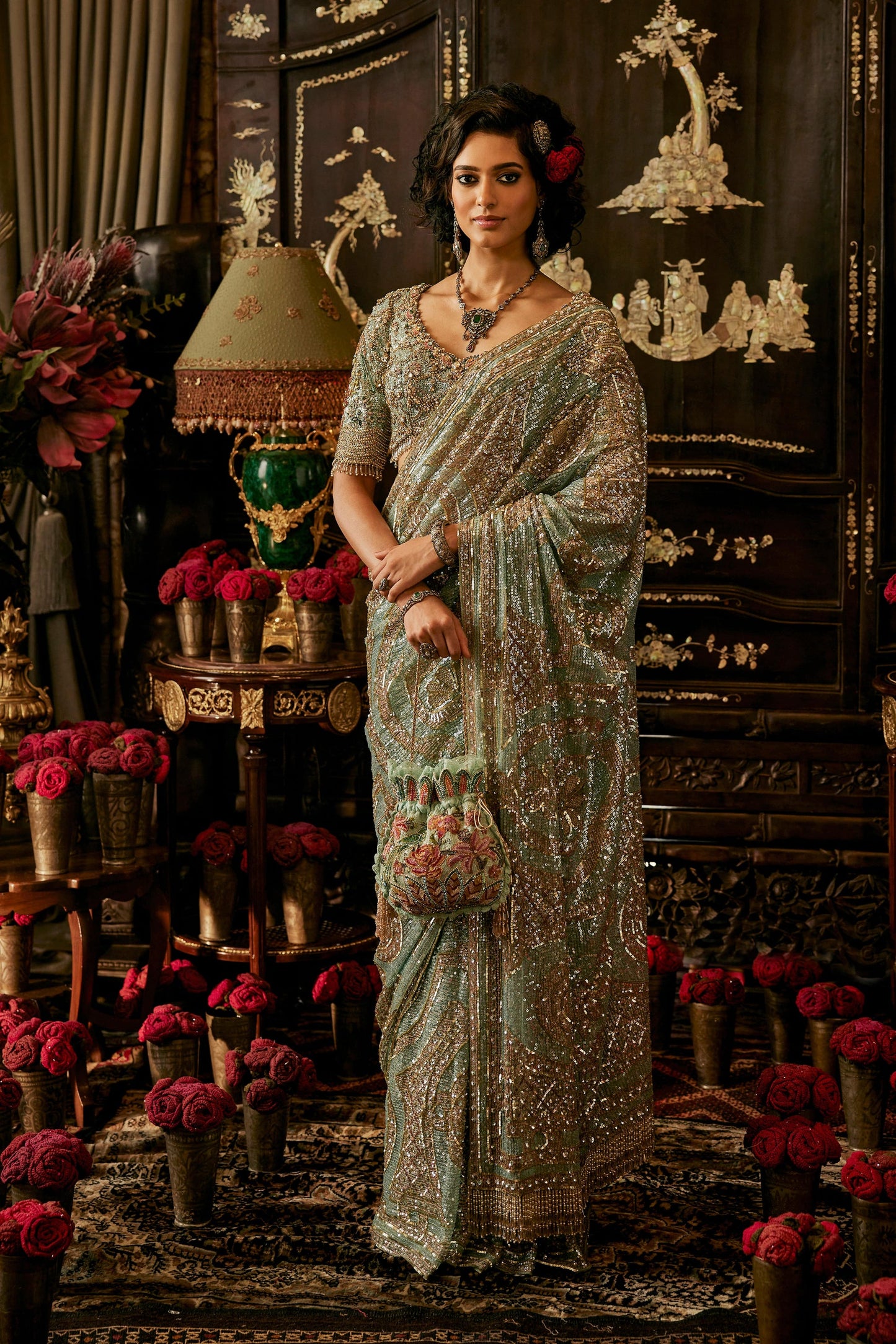 Pautri Hand Embroidered Saree – Sage Green Wedding & Festive Wear for Women