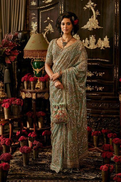 Pautri Hand Embroidered Saree – Sage Green Wedding & Festive Wear for Women