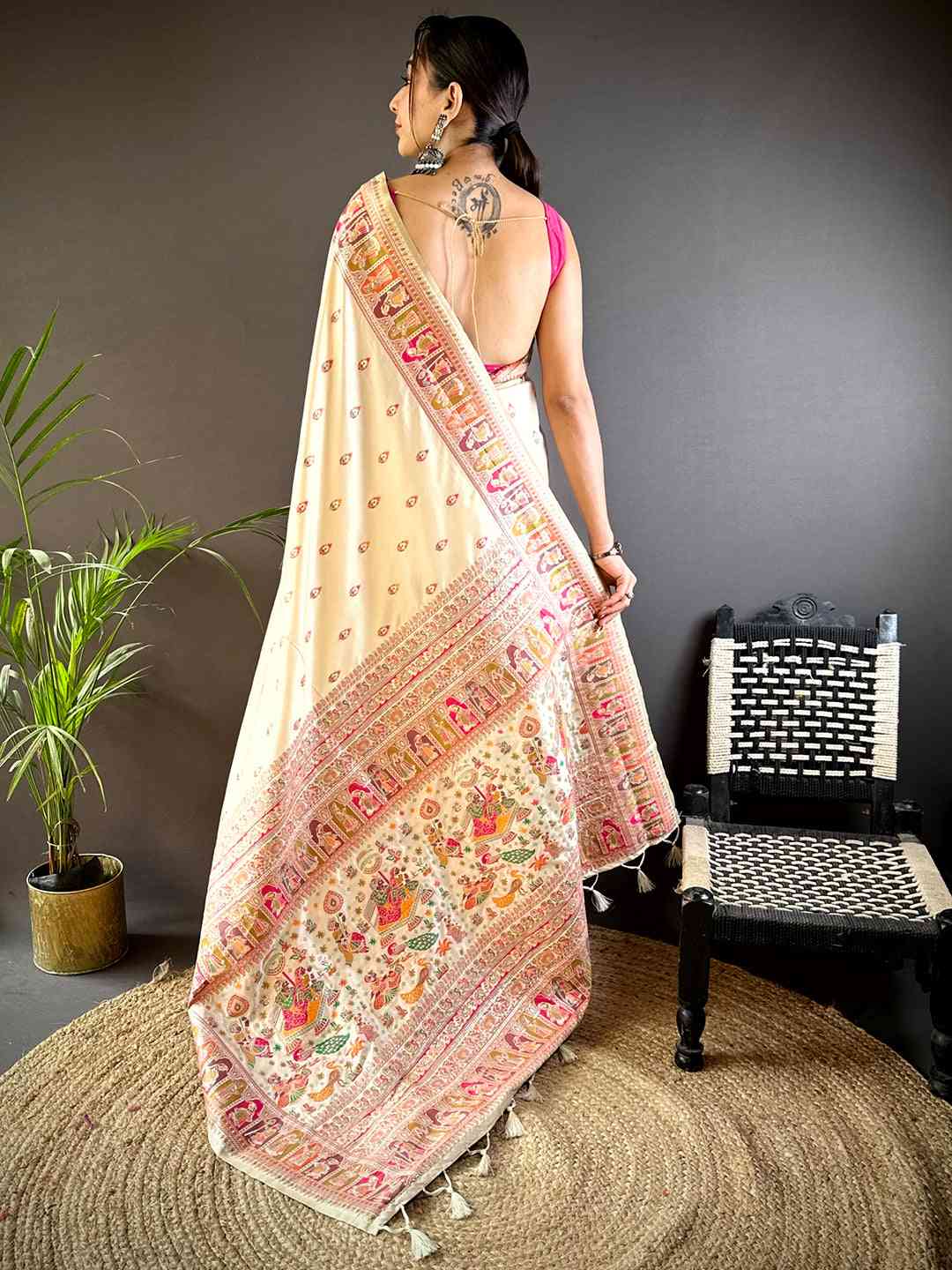 Pautri Cream Silk Saree with Multicolor Traditional Print | Elegant Festive & Ethnic Wear Saree for Women