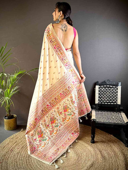 Pautri Cream Silk Saree with Multicolor Traditional Print | Elegant Festive & Ethnic Wear Saree for Women