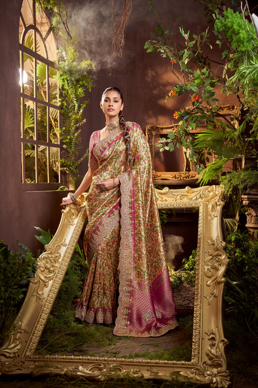 Pautri Designer Floral Printed Silk Saree with Embroidered Border With Stitched Blouse– Festive & Wedding Wear