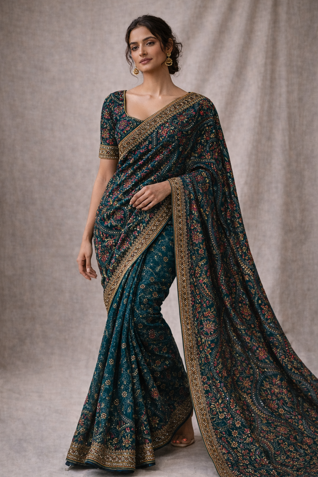 Pautri Teal Floral Embroidered Saree with Zari Border – Elegant Designer Silk Saree for Weddings & Festive Wear