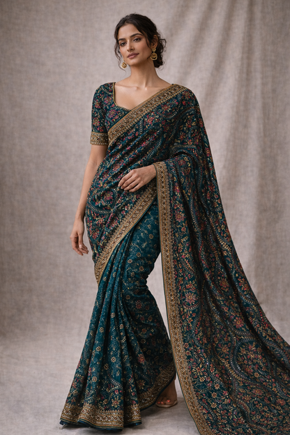 Pautri Teal Floral Embroidered Saree with Zari Border – Elegant Designer Silk Saree for Weddings & Festive Wear