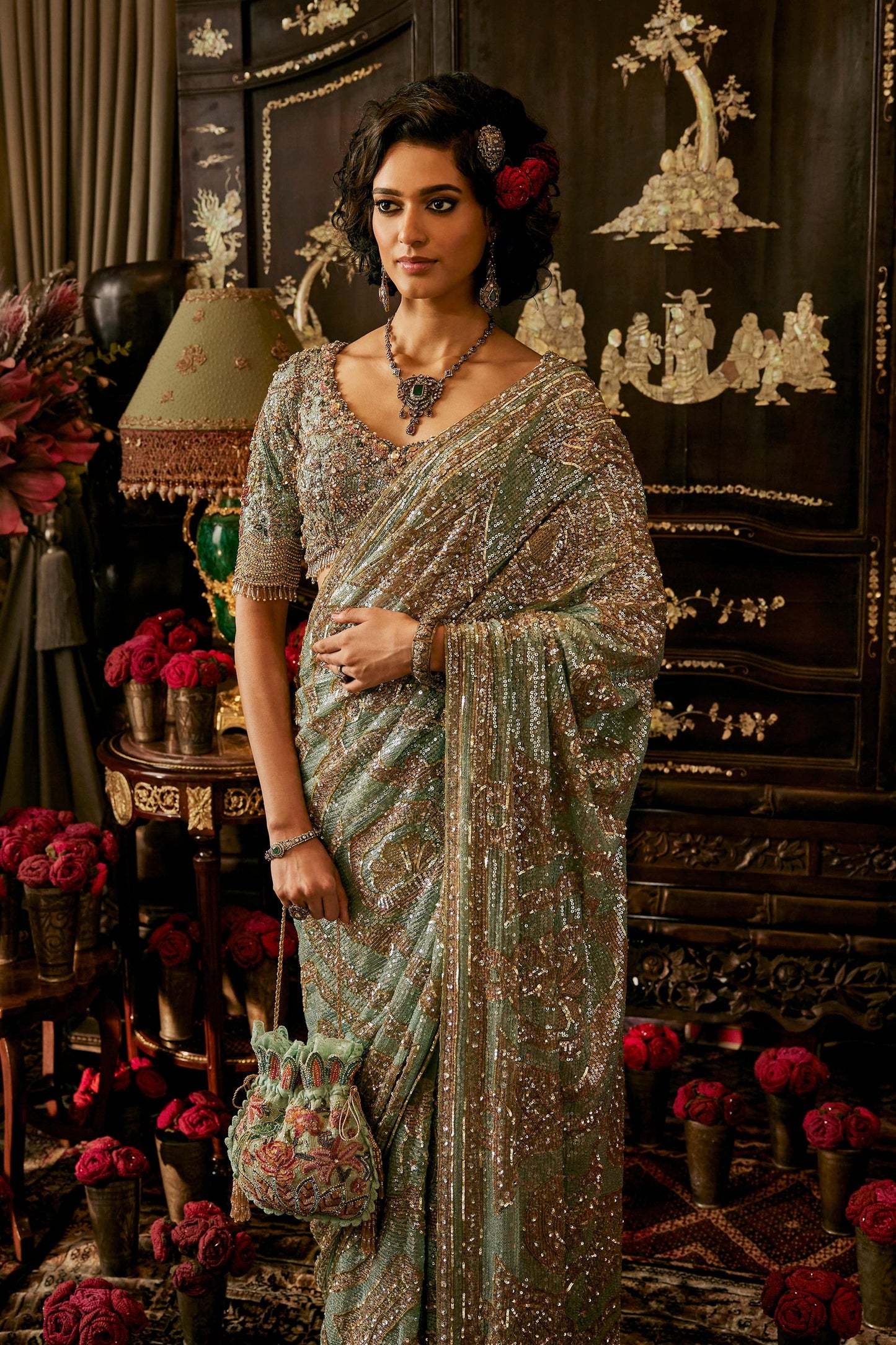 Pautri Hand Embroidered Saree – Sage Green Wedding & Festive Wear for Women