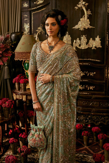 Pautri Hand Embroidered Saree – Sage Green Wedding & Festive Wear for Women