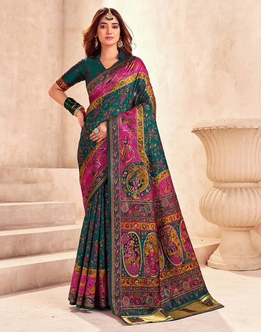 Elegant Green & Pink Printed Saree with Traditional Art Motifs | Festive & Ethnic Wear Saree