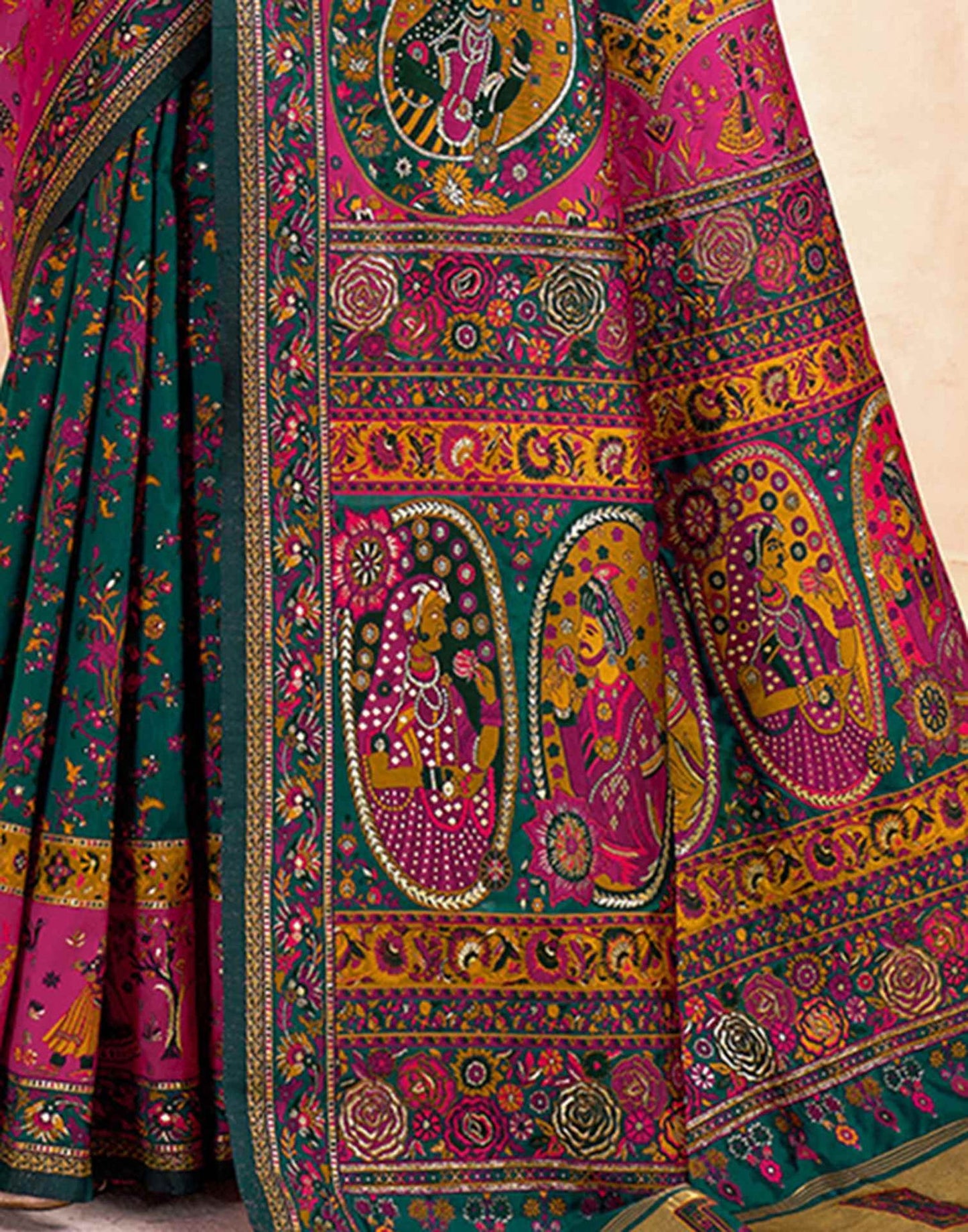 Elegant Green & Pink Printed Saree with Traditional Art Motifs | Festive & Ethnic Wear Saree