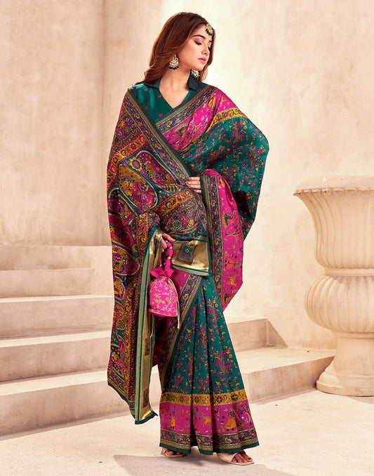 Elegant Green & Pink Printed Saree with Traditional Art Motifs | Festive & Ethnic Wear Saree
