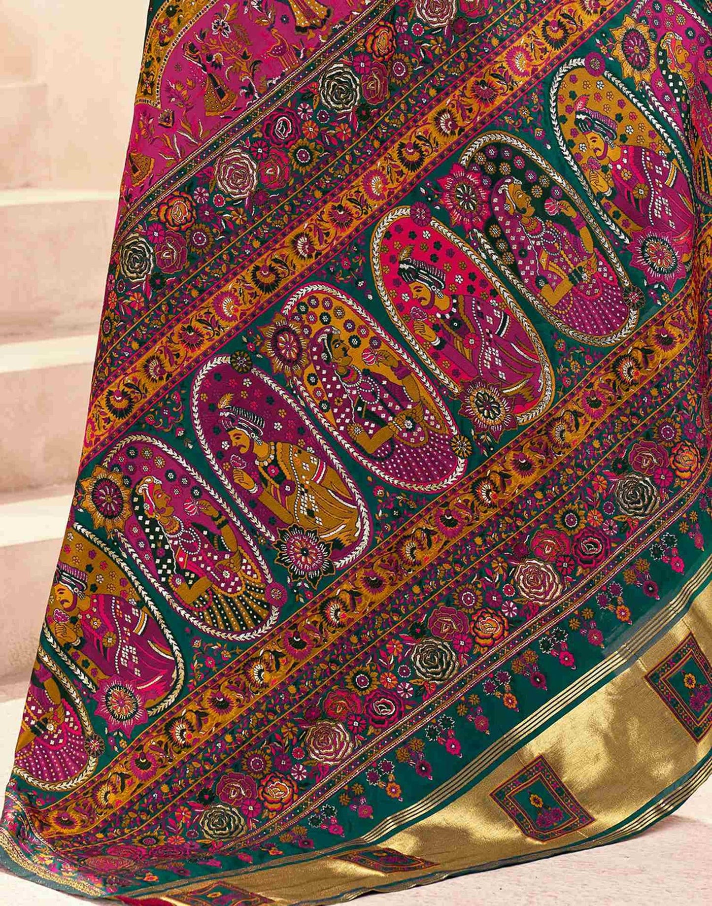 Elegant Green & Pink Printed Saree with Traditional Art Motifs | Festive & Ethnic Wear Saree