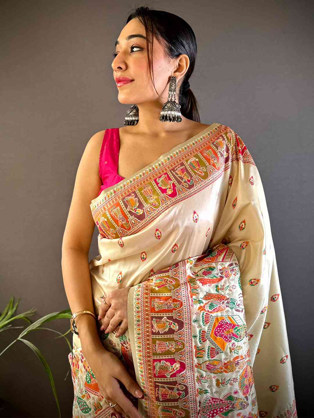 Pautri Cream Silk Saree with Multicolor Traditional Print | Elegant Festive & Ethnic Wear Saree for Women