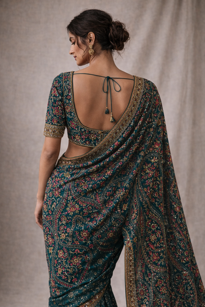 Pautri Teal Floral Embroidered Saree with Zari Border – Elegant Designer Silk Saree for Weddings & Festive Wear