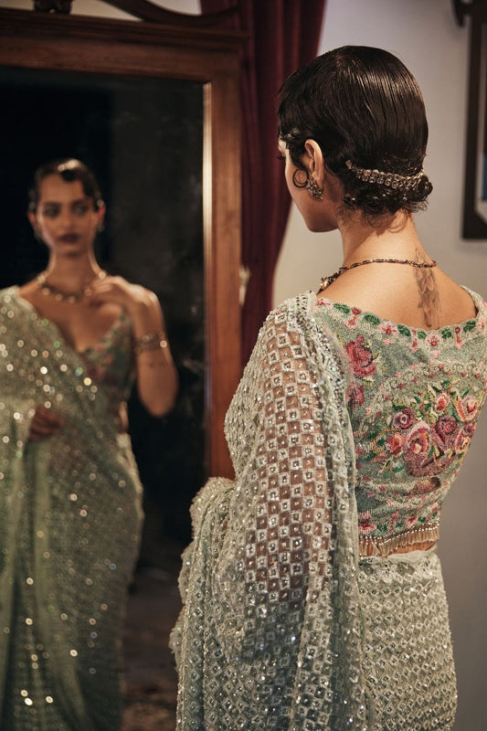 Luxury Sage Green Sequin Saree | Pautri Designer Collection