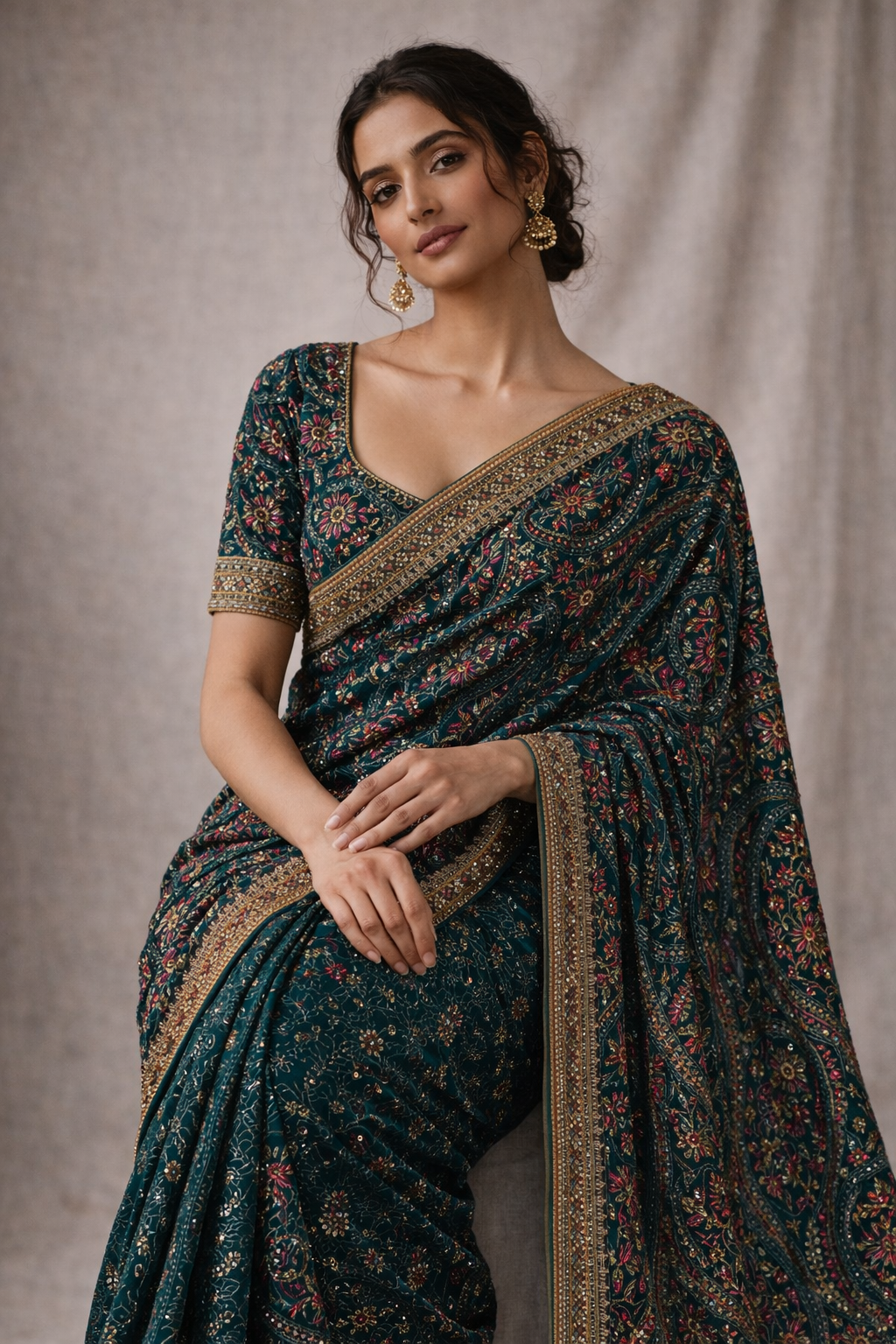 Pautri Teal Floral Embroidered Saree with Zari Border – Elegant Designer Silk Saree for Weddings & Festive Wear