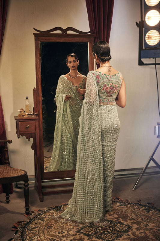 Luxury Sage Green Sequin Saree | Pautri Designer Collection
