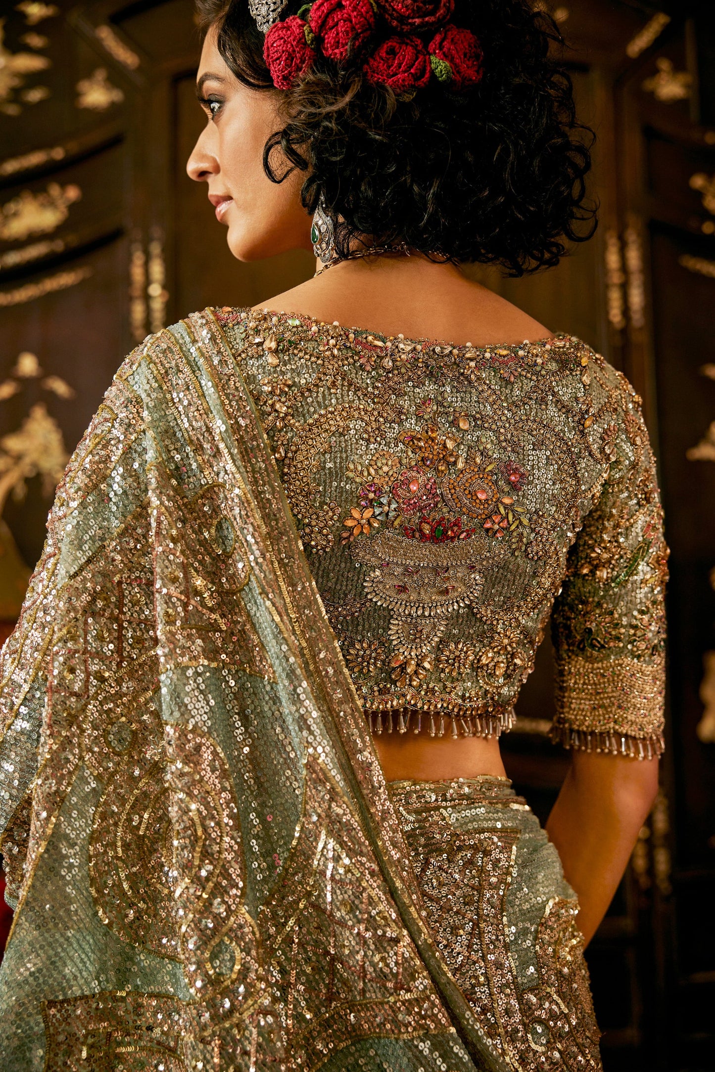 Pautri Hand Embroidered Saree – Sage Green Wedding & Festive Wear for Women