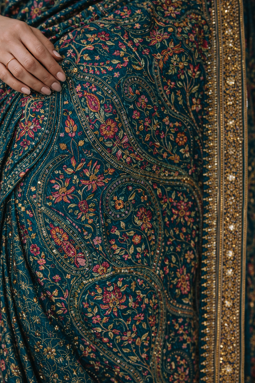 Pautri Teal Floral Embroidered Saree with Zari Border – Elegant Designer Silk Saree for Weddings & Festive Wear