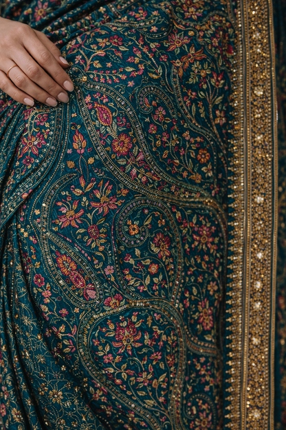 Pautri Teal Floral Embroidered Saree with Zari Border – Elegant Designer Silk Saree for Weddings & Festive Wear