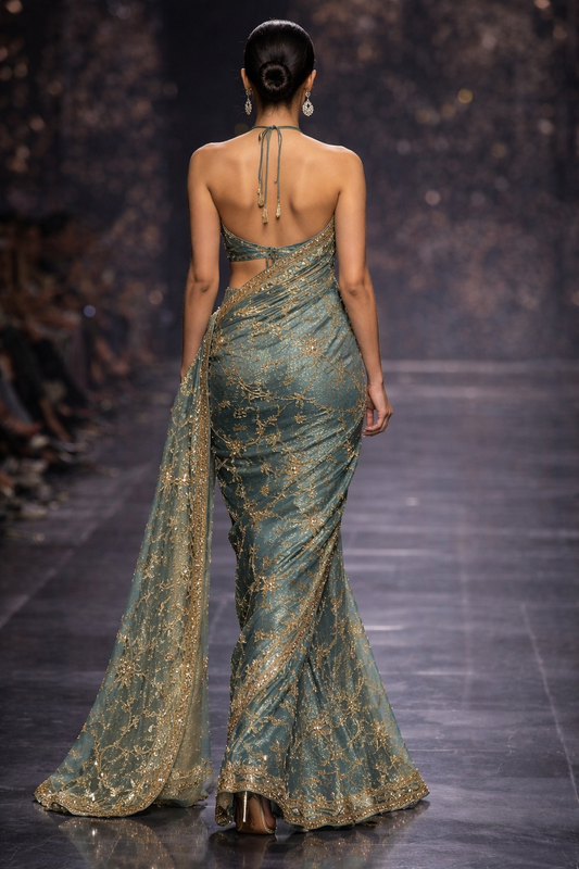 Pautri Celeste Teal Embroidered Saree with Gold Zari & Crystal Detailing – Luxury Designer Saree