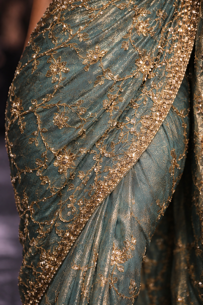 Pautri Celeste Teal Embroidered Saree with Gold Zari & Crystal Detailing – Luxury Designer Saree