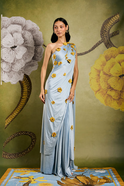Powder Blue Draped Saree with Handcrafted Floral Embellishments – Elegant Designer Saree by PAUTRI