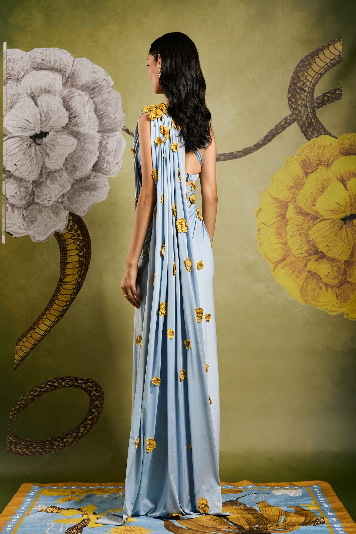Powder Blue Draped Saree with Handcrafted Floral Embellishments – Elegant Designer Saree by PAUTRI