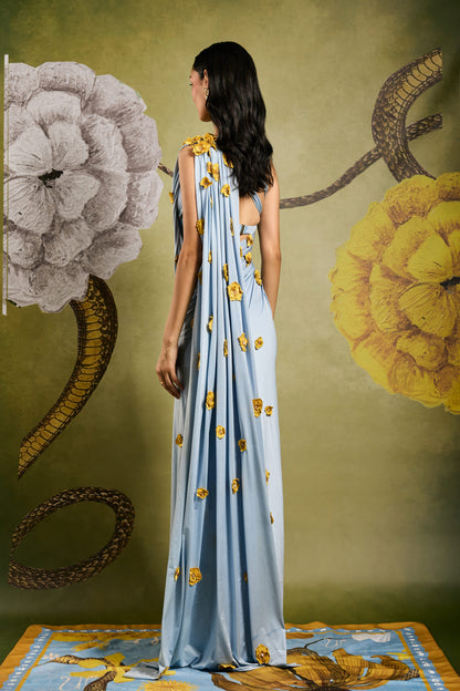 Powder Blue Draped Saree with Handcrafted Floral Embellishments – Elegant Designer Saree by PAUTRI