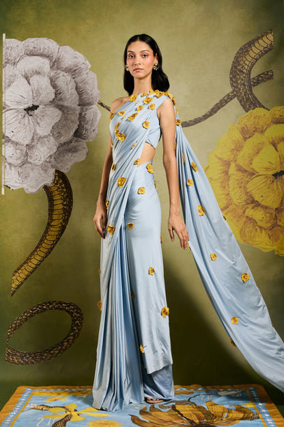 Powder Blue Draped Saree with Handcrafted Floral Embellishments – Elegant Designer Saree by PAUTRI