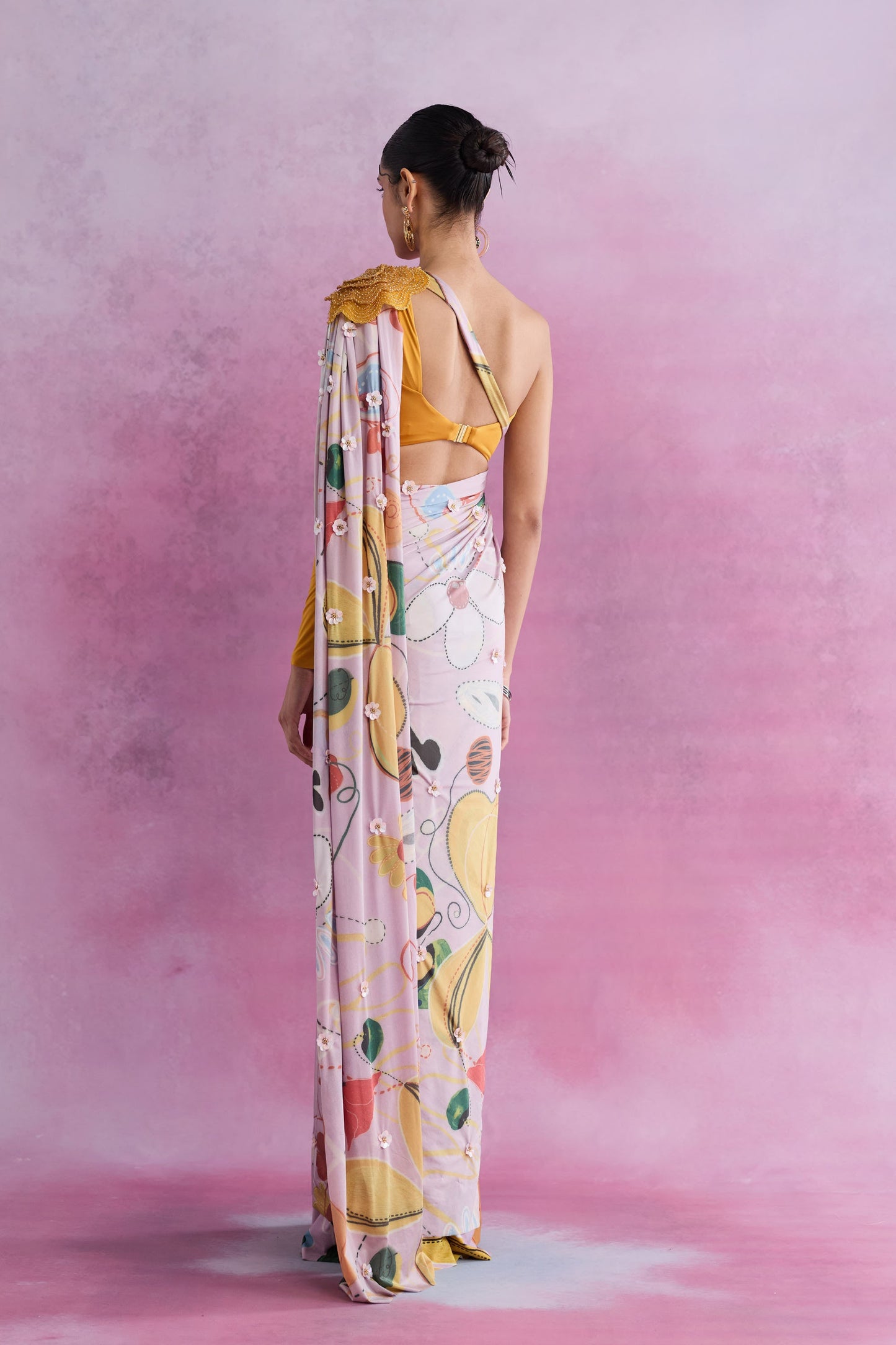 Pautri Pastel Printed Saree with Mustard Drape & One-Shoulder Blouse | Designer Contemporary Saree