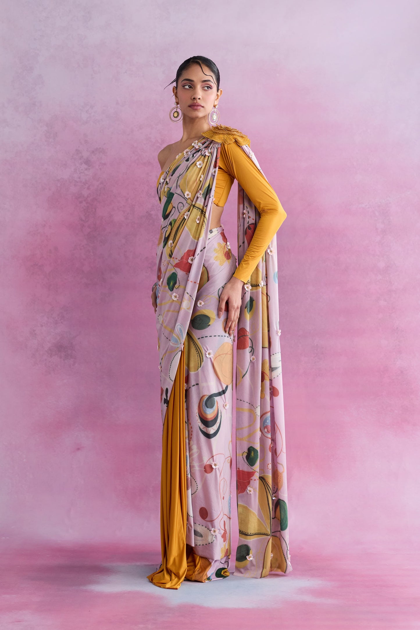 Pautri Pastel Printed Saree with Mustard Drape & One-Shoulder Blouse | Designer Contemporary Saree