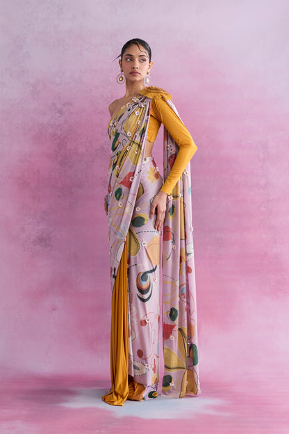 Pautri Pastel Printed Saree with Mustard Drape & One-Shoulder Blouse | Designer Contemporary Saree