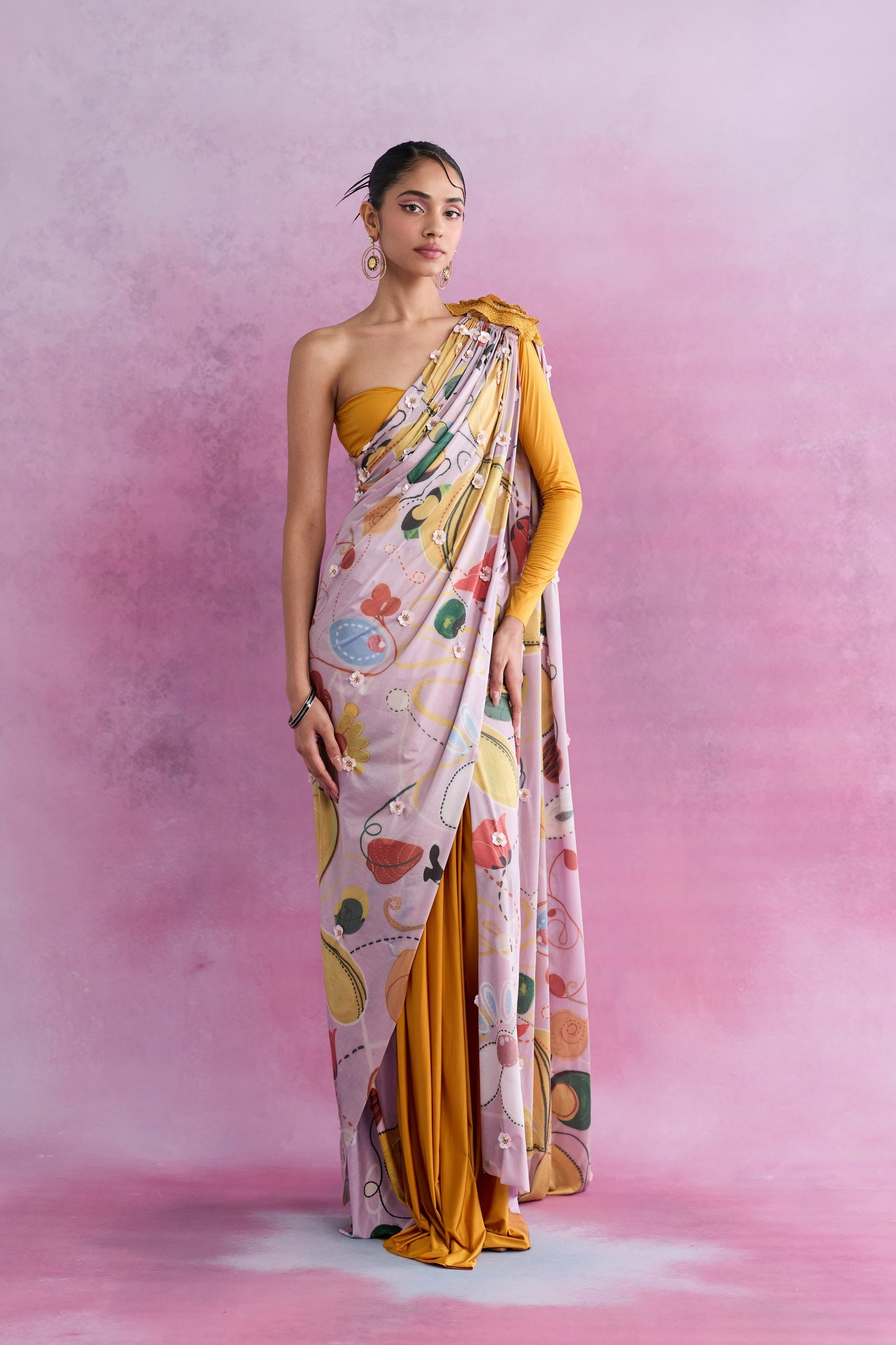 Pautri Pastel Printed Saree with Mustard Drape & One-Shoulder Blouse | Designer Contemporary Saree