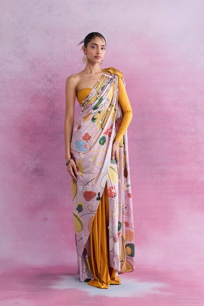 Pautri Pastel Printed Saree with Mustard Drape & One-Shoulder Blouse | Designer Contemporary Saree